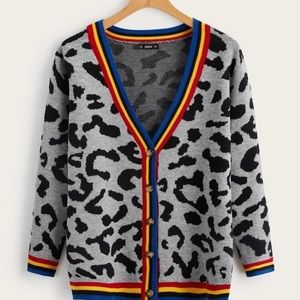 Single Breasted Striped Trim Leopard cardigan